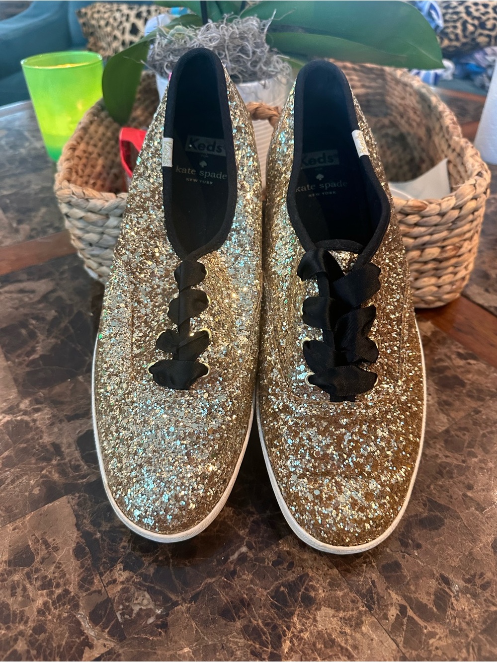 Kate Spade x Keds Champion Gold Glitter Lace Up Sneakers Sz 10